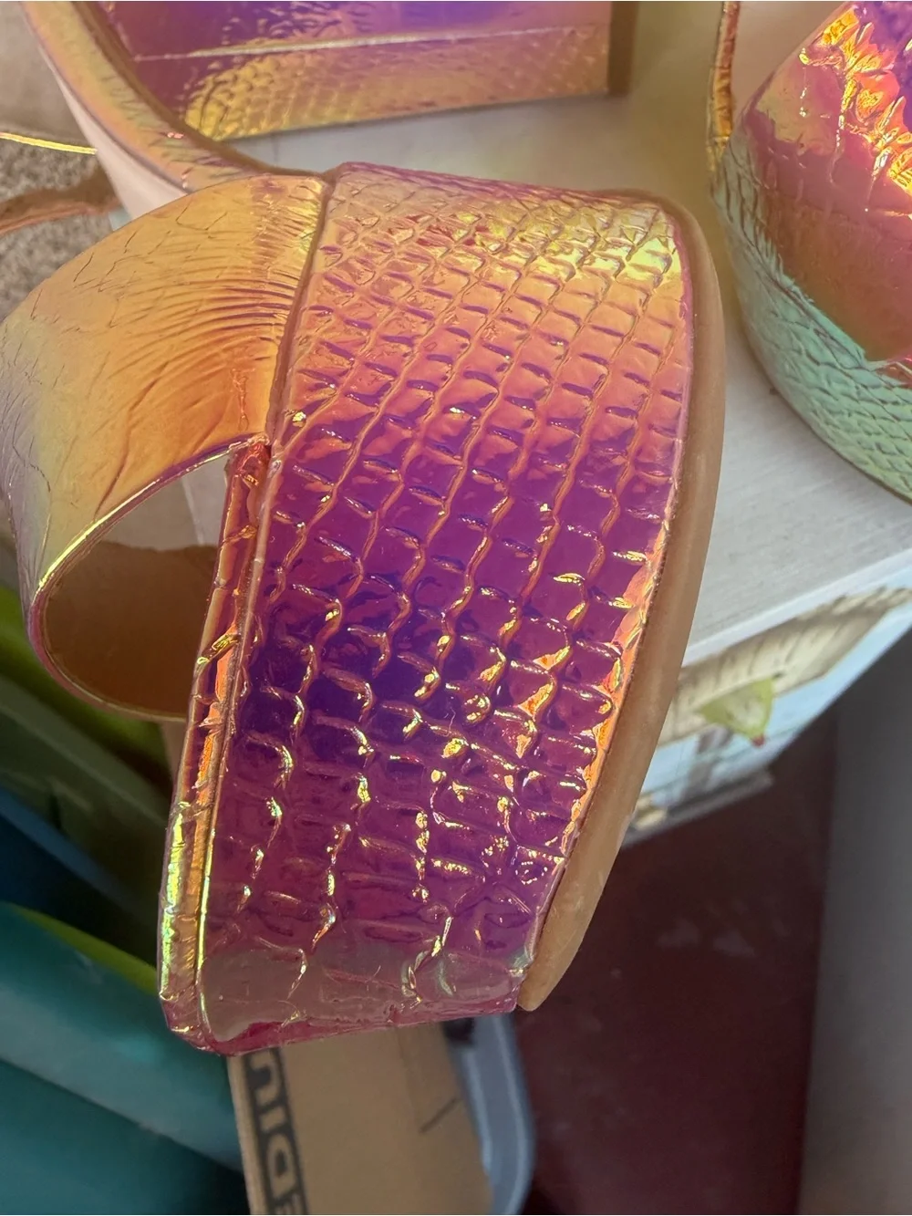 BAMBOO Iridescent Pink-Purple Platform Ankle Strap Sandals